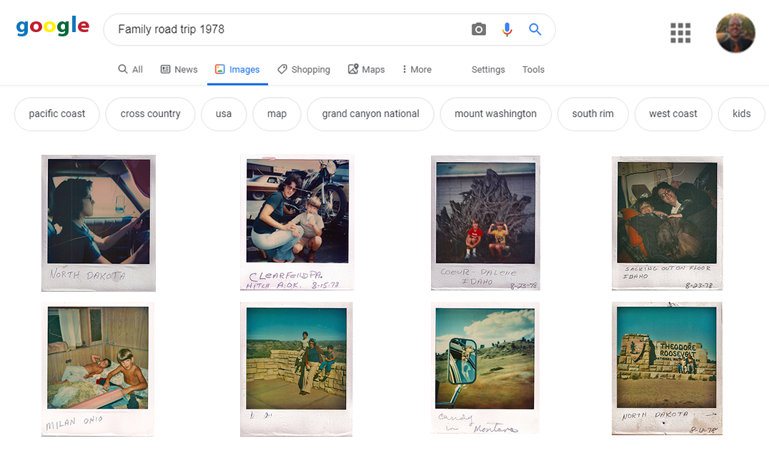 An imitation google search shows memories of a family road trip in 1978