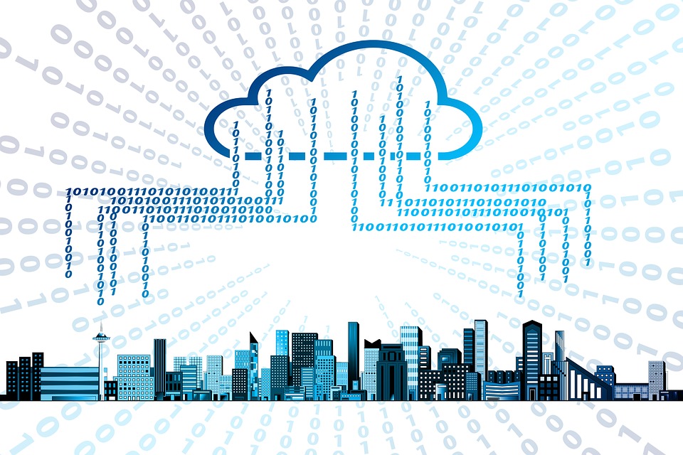 a graphic of a city skyline transmitting data to the cloud